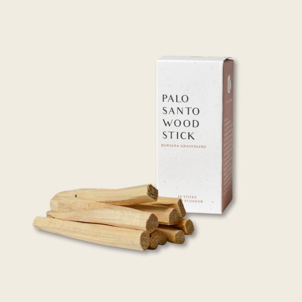 Palo Santo wood sticks with packaging on a light beige background