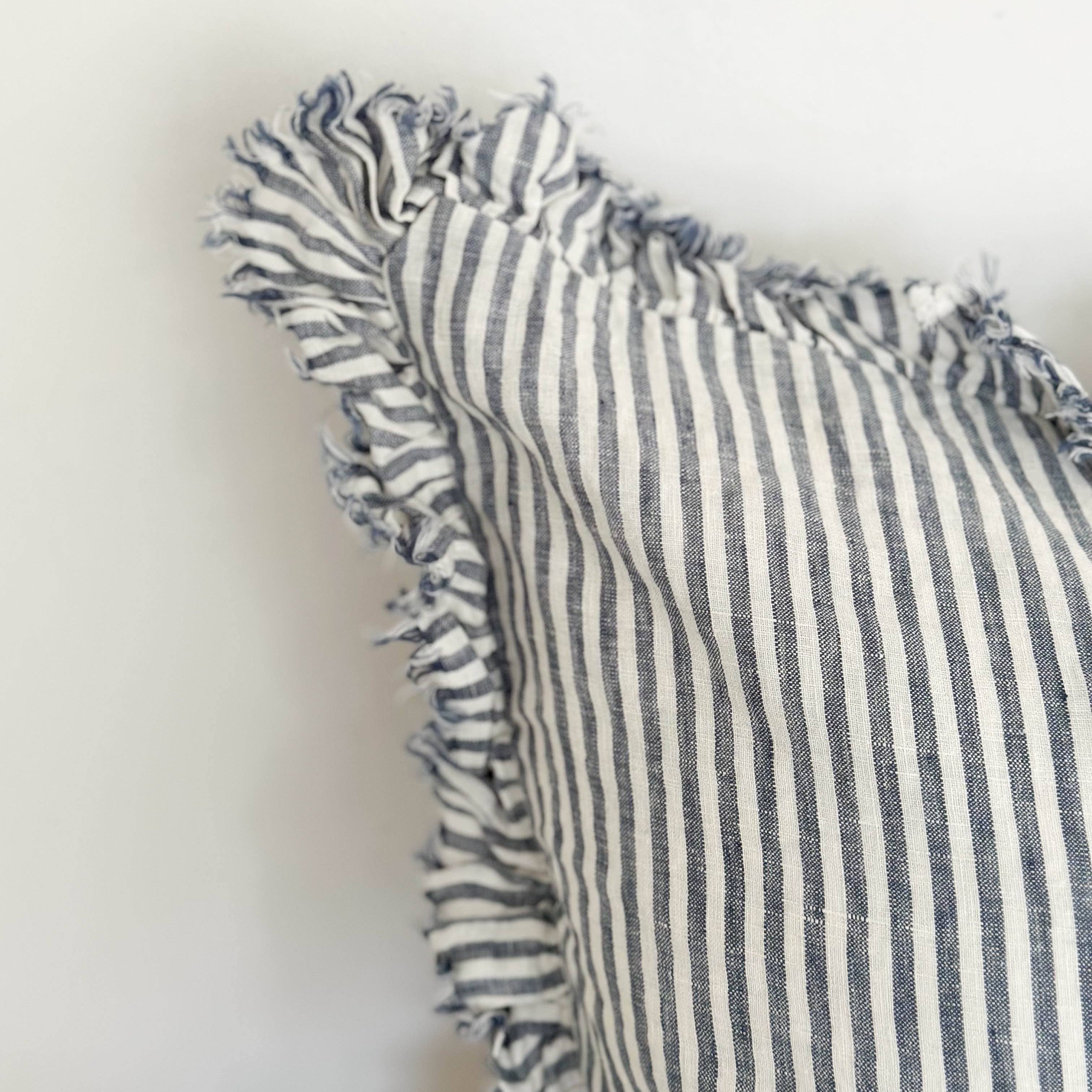 Ruffled Linen Cushion Cover Detail – Navy Stripe
