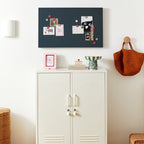 White cabinet with a blue bulletin board above it in a room setting.