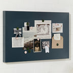 charcoal bulletin board with pinned photos and notes on a white wall above a desk.