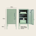 Sage metal locker on a beige background with text measurements