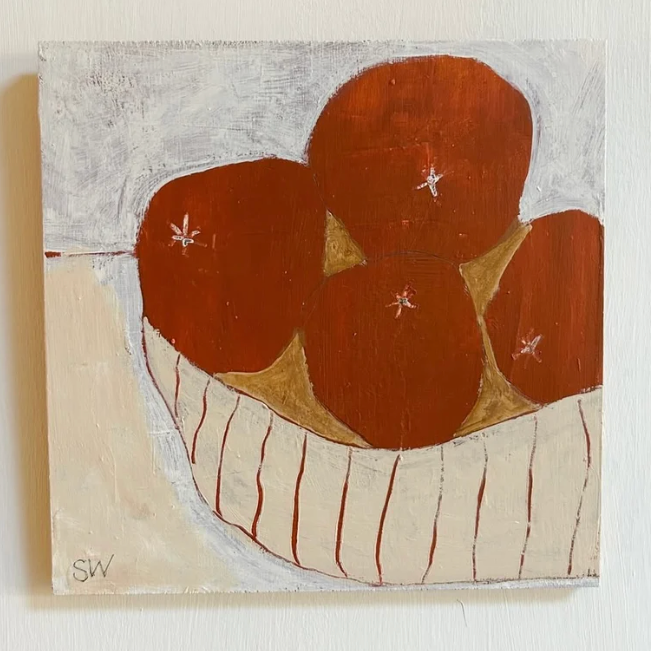Artistic depiction of oranges in a bowl with abstract background
