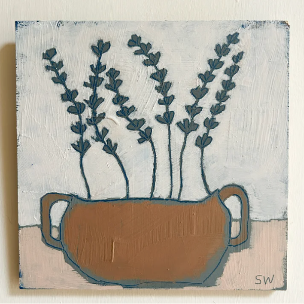 Painting of a brown basket with lavender on a textured white background