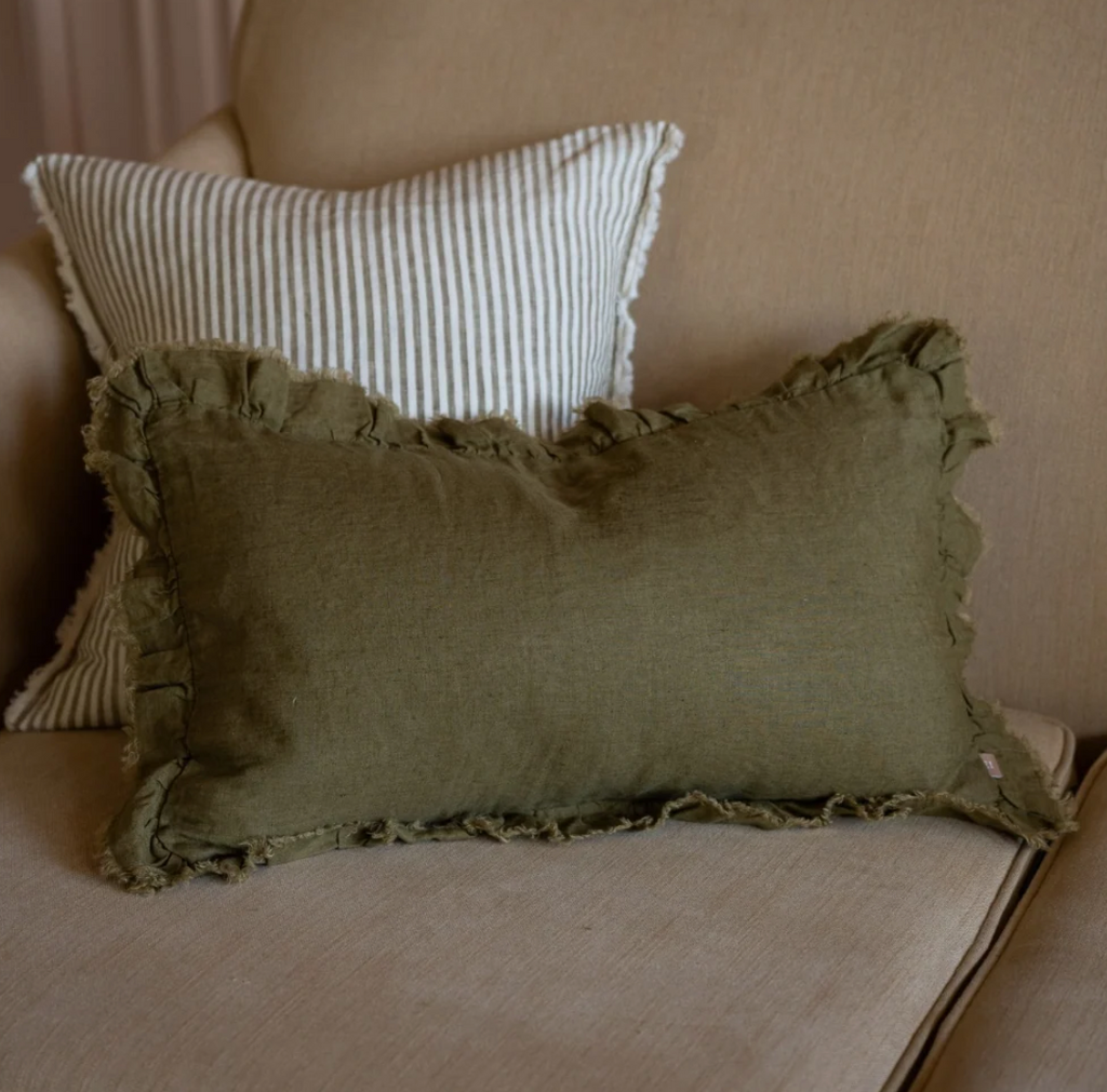 Hallie Ruffled Linen Cushion Cover - Olive