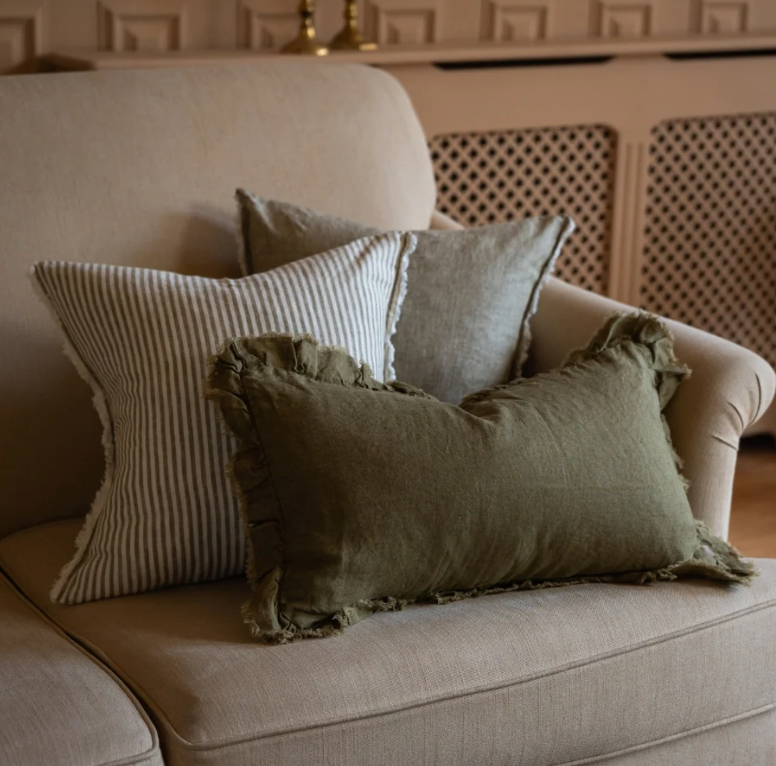 Hallie Ruffled Linen Cushion Cover - Olive