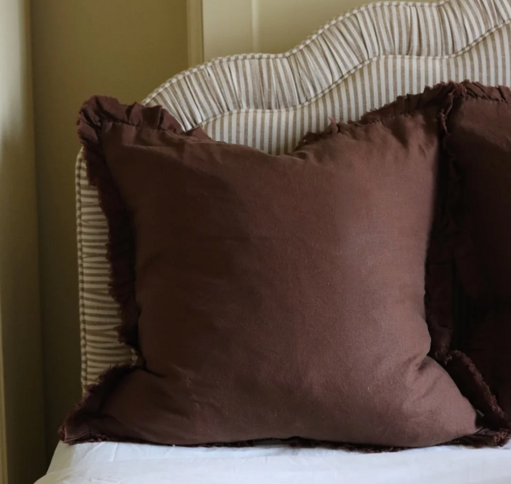 Hallie Ruffled Linen Cushion Cover – Dark Brown