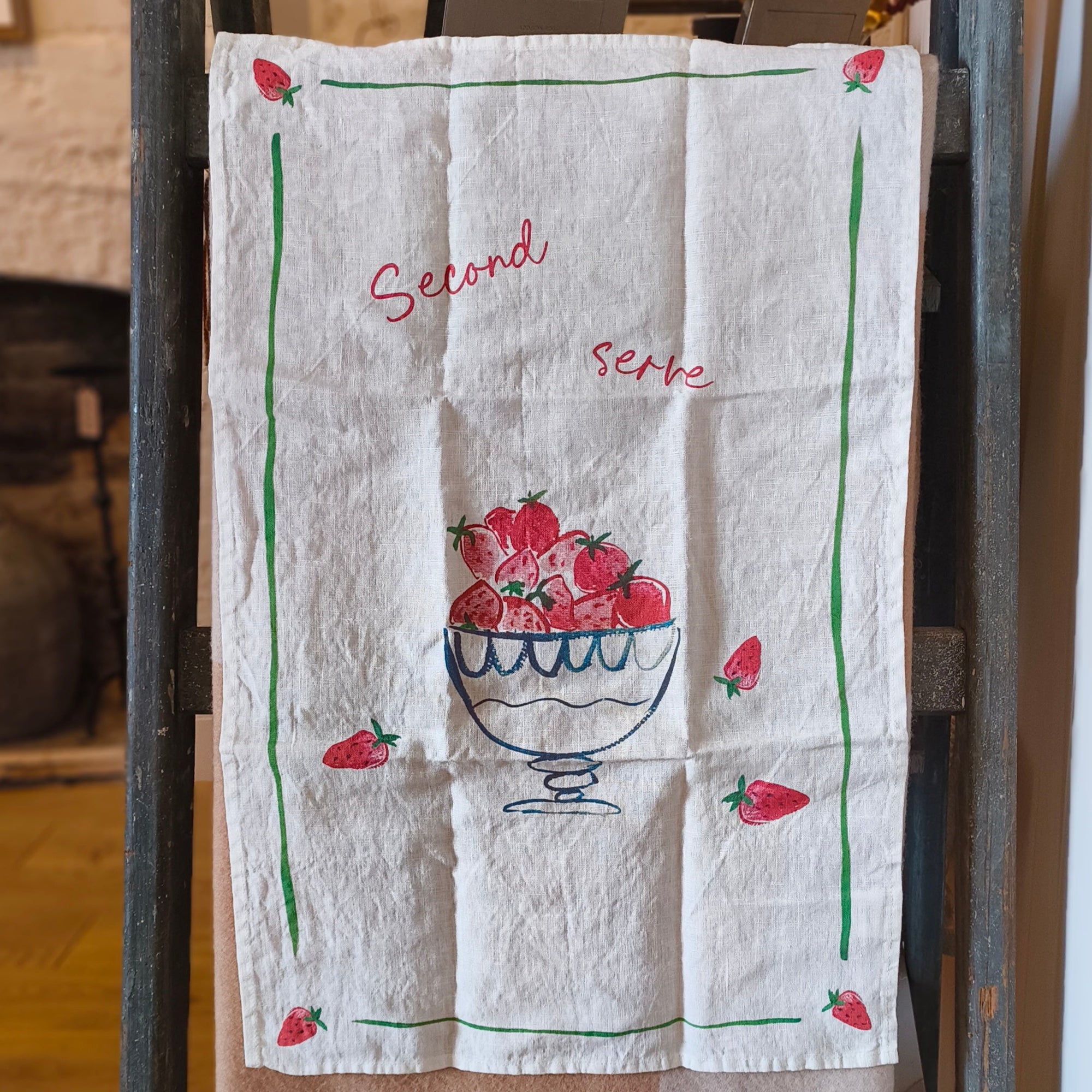 linen tea towel with strawberry bowl print