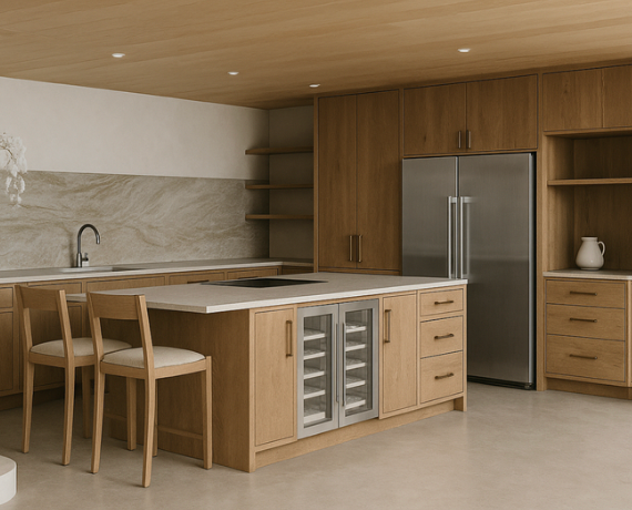 Modern kitchen with wooden cabinets, stainless steel refrigerator, and marble backsplash.