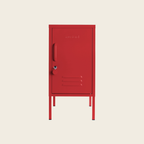Red metal locker with 'muji' branding on a beige background