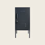 Black metal locker with 'outward' branding on a beige background