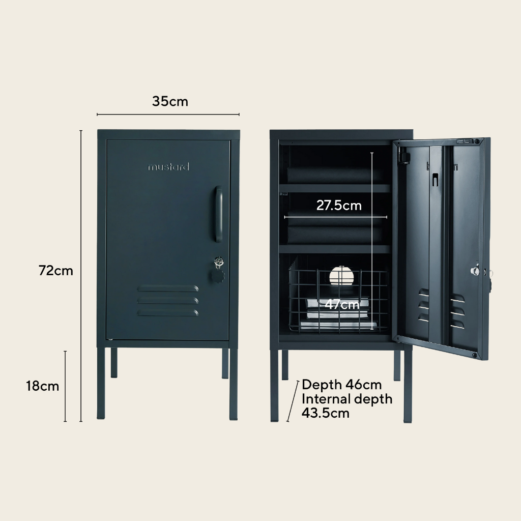 Black locker with dimensions labeled on a beige background