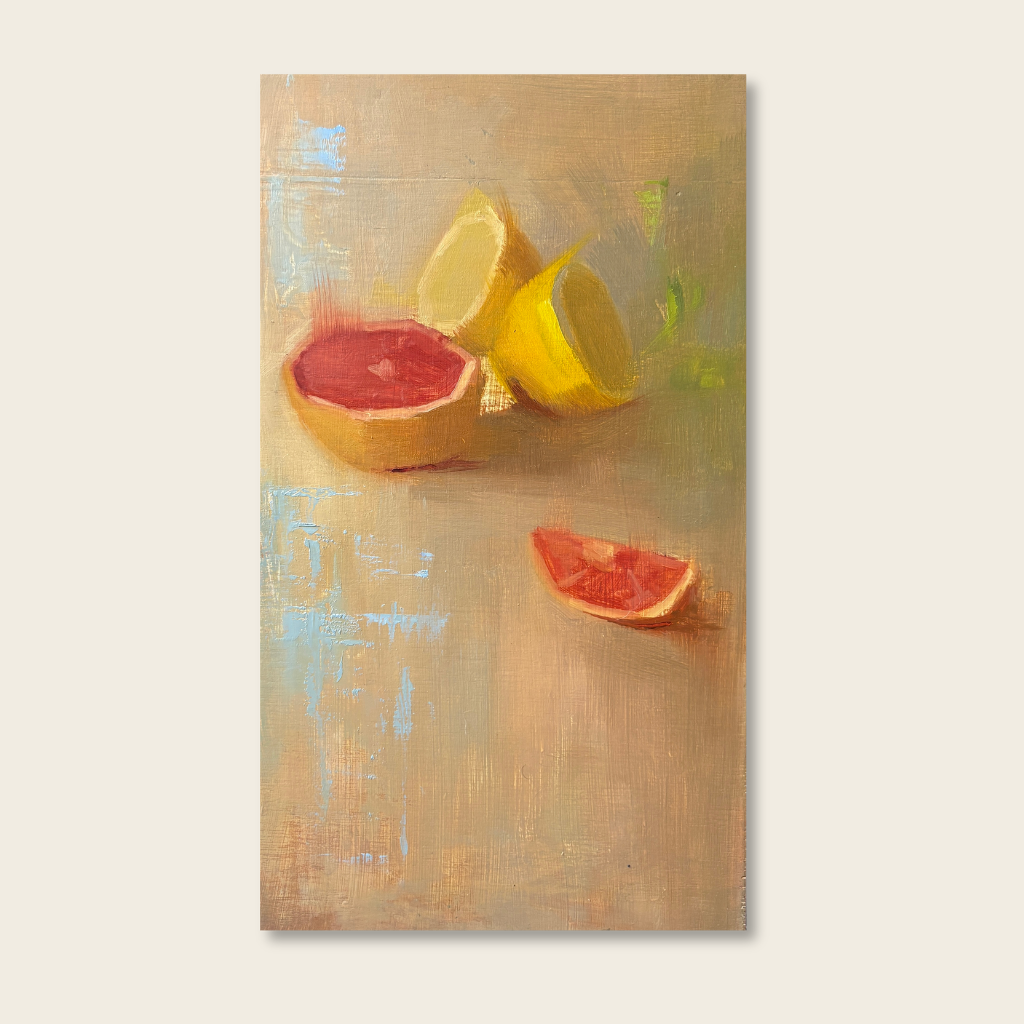 Abstract painting of sliced grapefruit and lemon on a textured surface