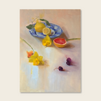 Still life painting of fruits and flowers on a tablecloth
