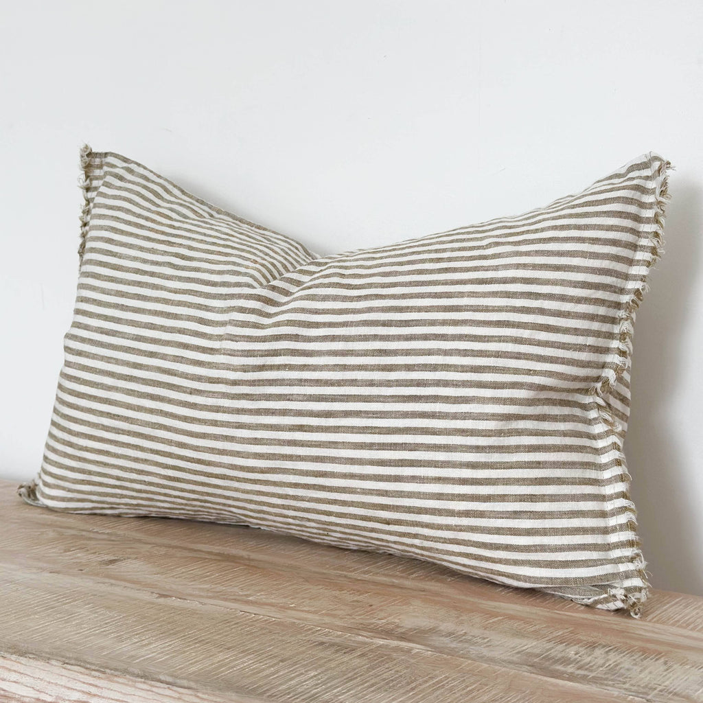 Stonewashed Linen Cushion  – Frayed Edge Olive Stripe
