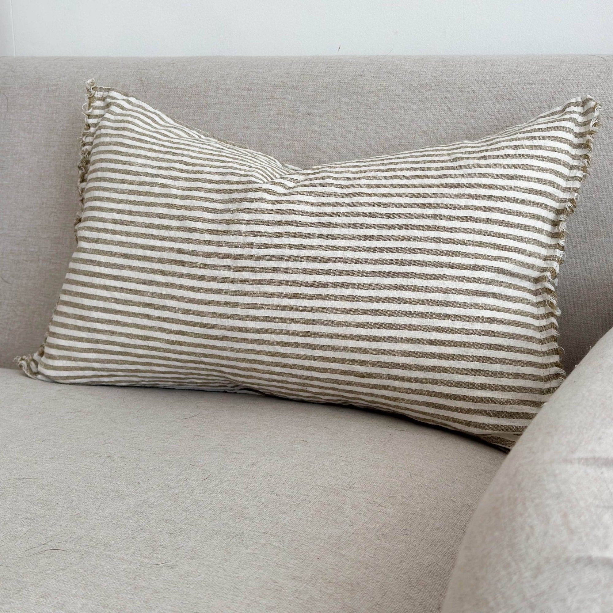 Stonewashed Linen Cushion  with Frayed Edge in Olive Stripe Treowe