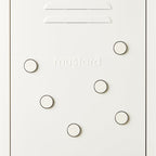 White door with circular magnets and 'mustard' branding