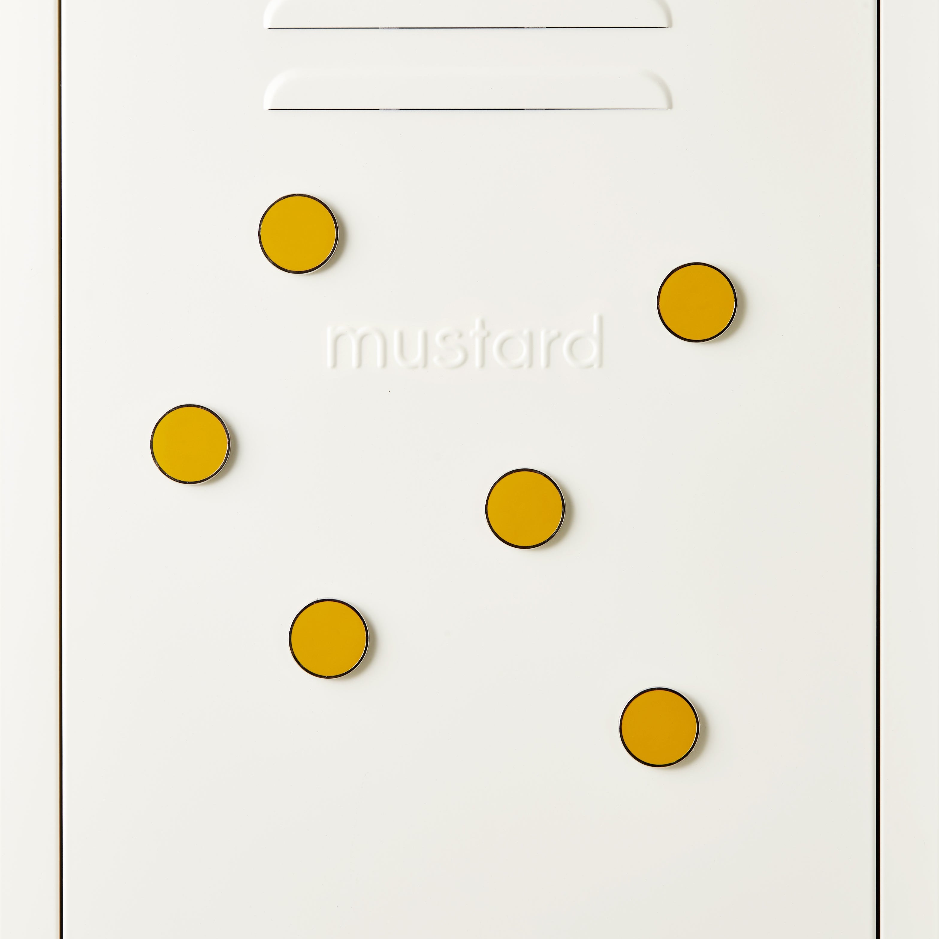 Mustard yellow circular magnets on a white background with 'mustard' text.
