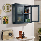Wall-mounted cabinet with glass doors displaying decorative items, with a vintage radio and small sculptures on a shelf below.