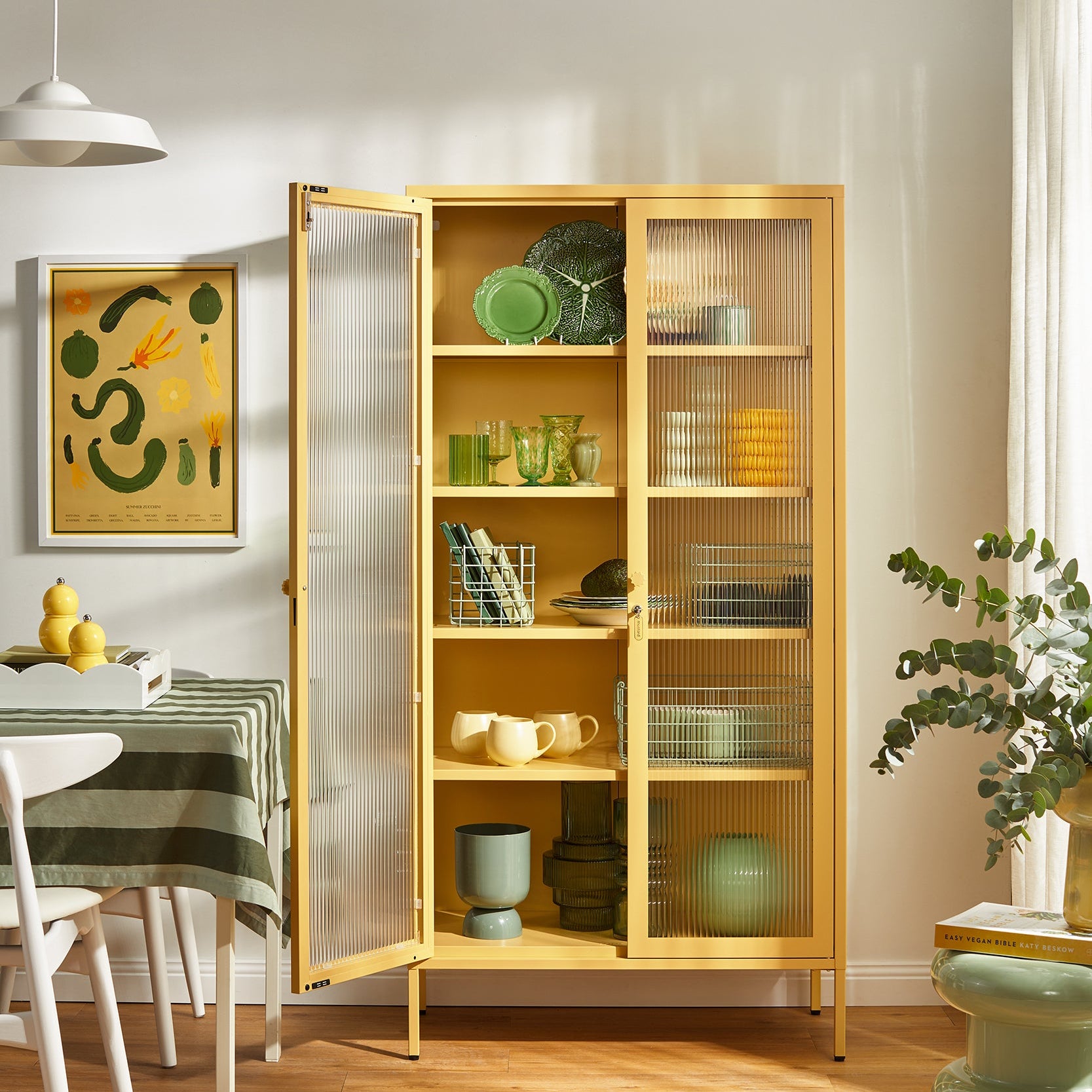 Wooden bookshelf with decorative items in a room with a table and plants.
