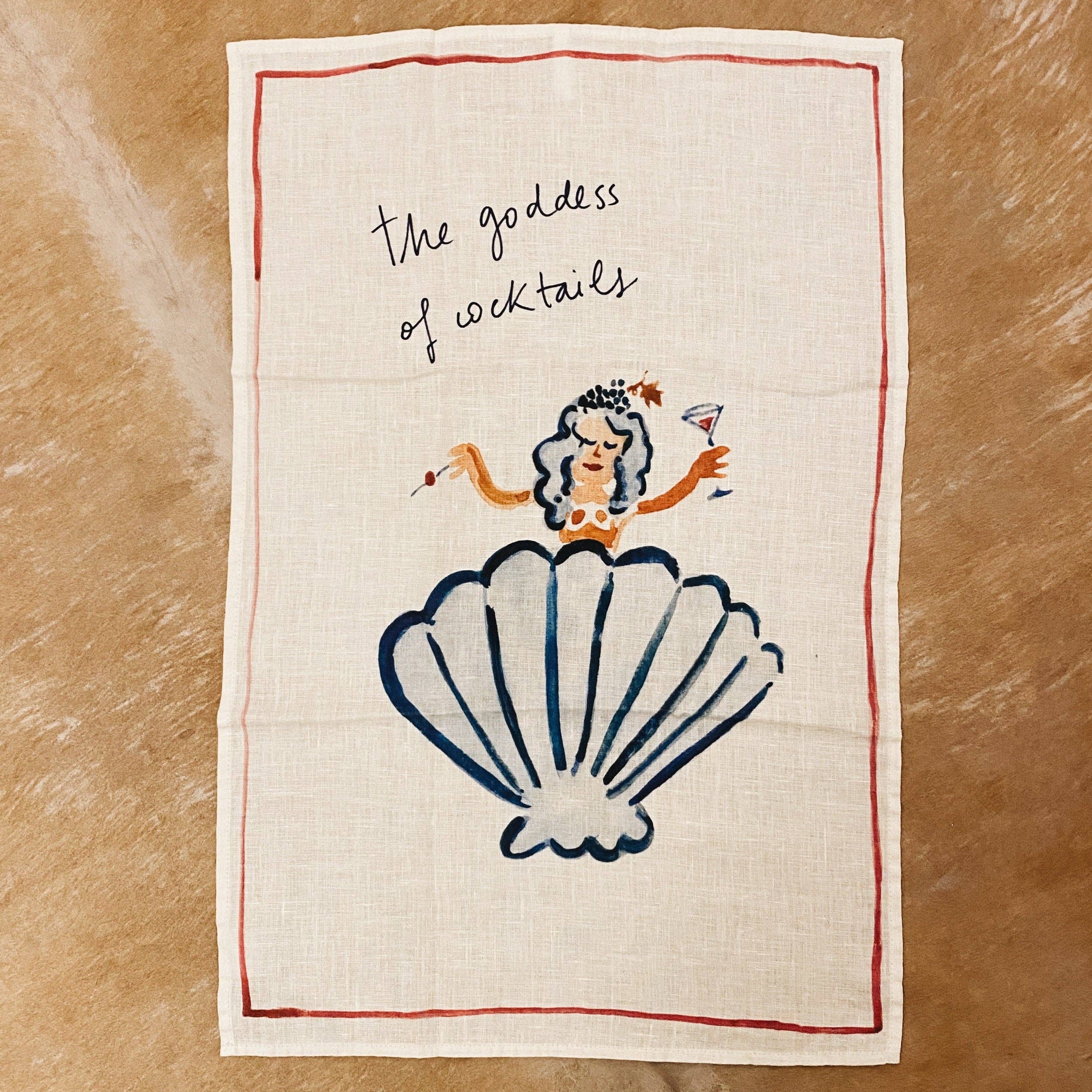 Linen tea towel printed with the goddess of cocktails