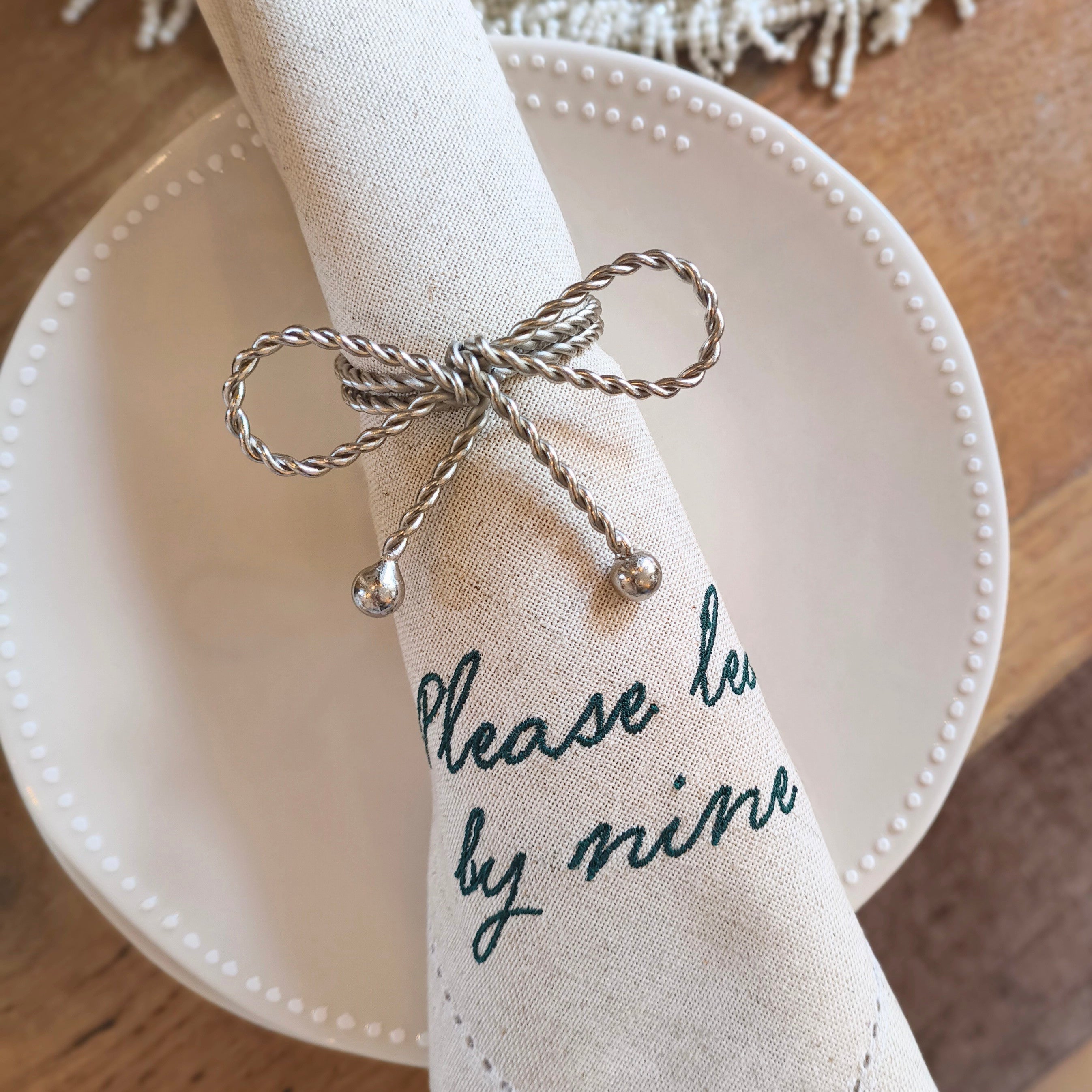 Tie A Bow silver metal Napkin Rings