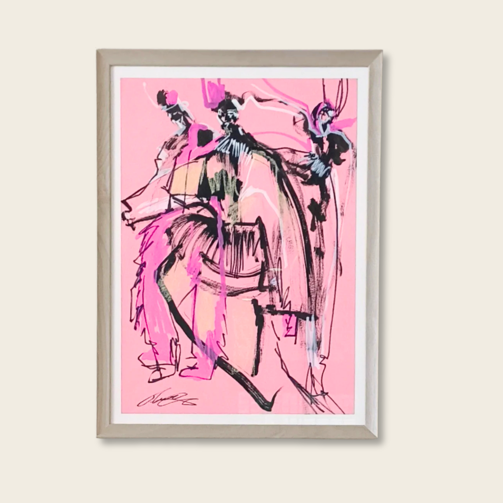 Framed abstract art print with pink and black colors on a light beige background