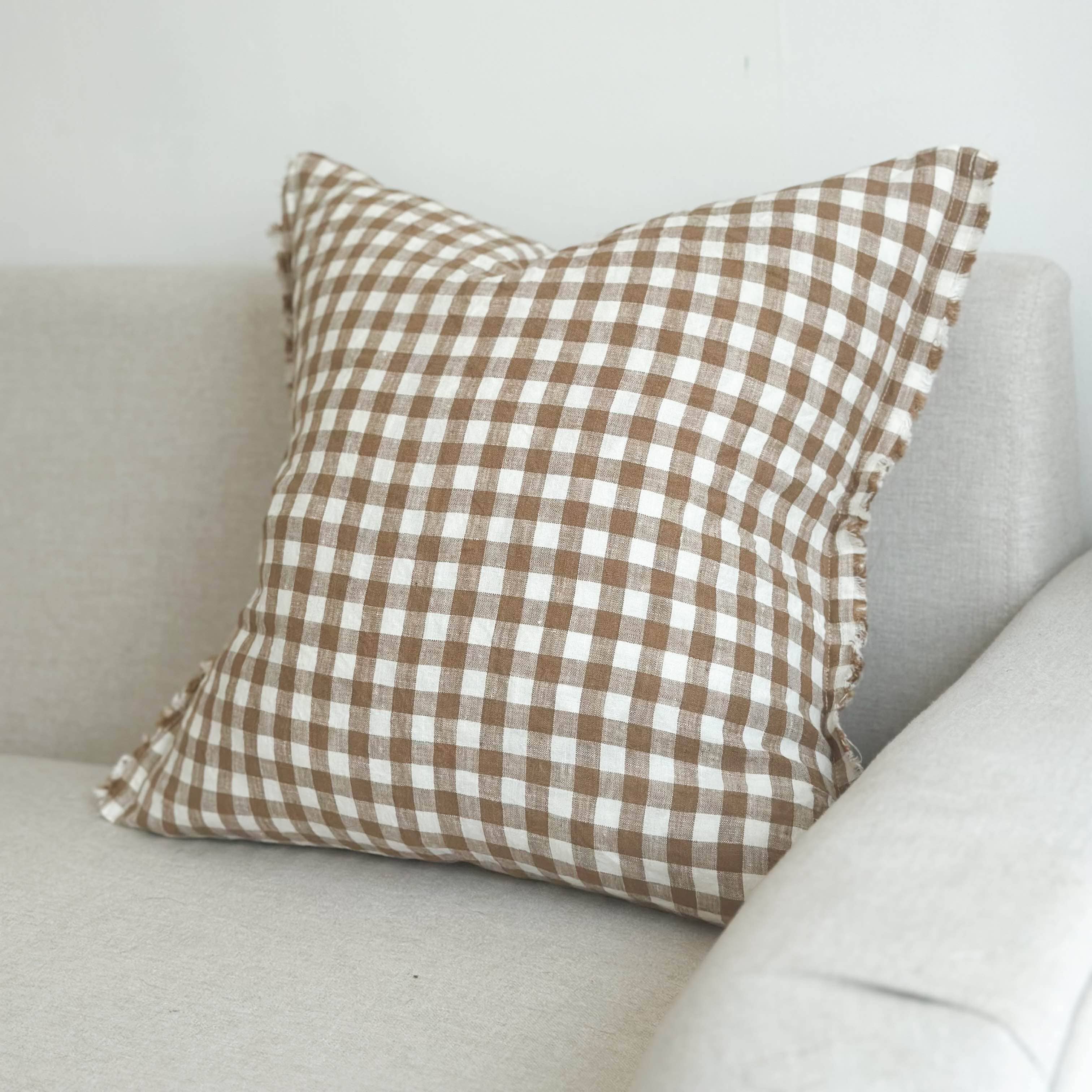 Square Brown and Cream Gingham Cushion with Frayed Edges