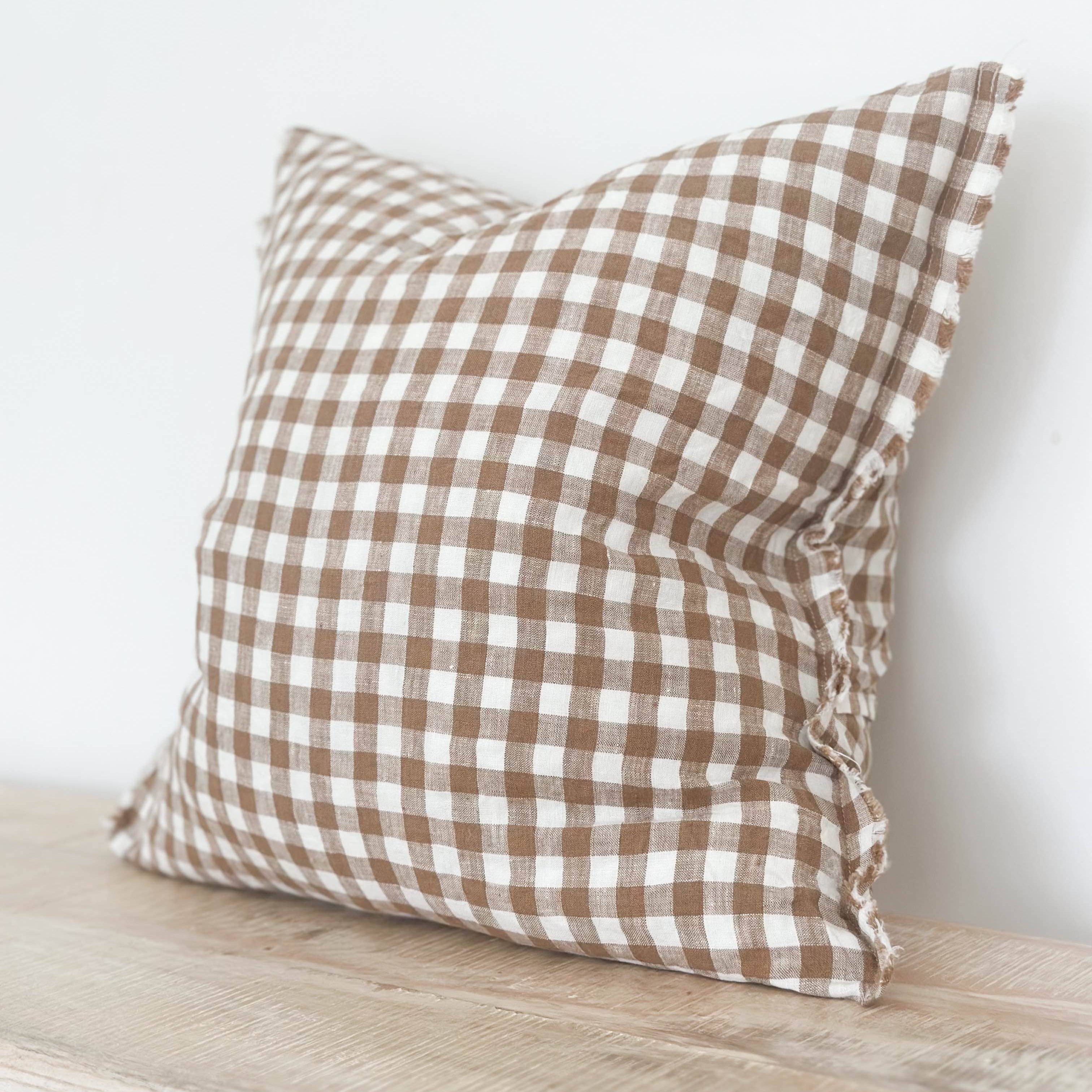 Square Brown and Cream Gingham Cushion with Frayed Edges