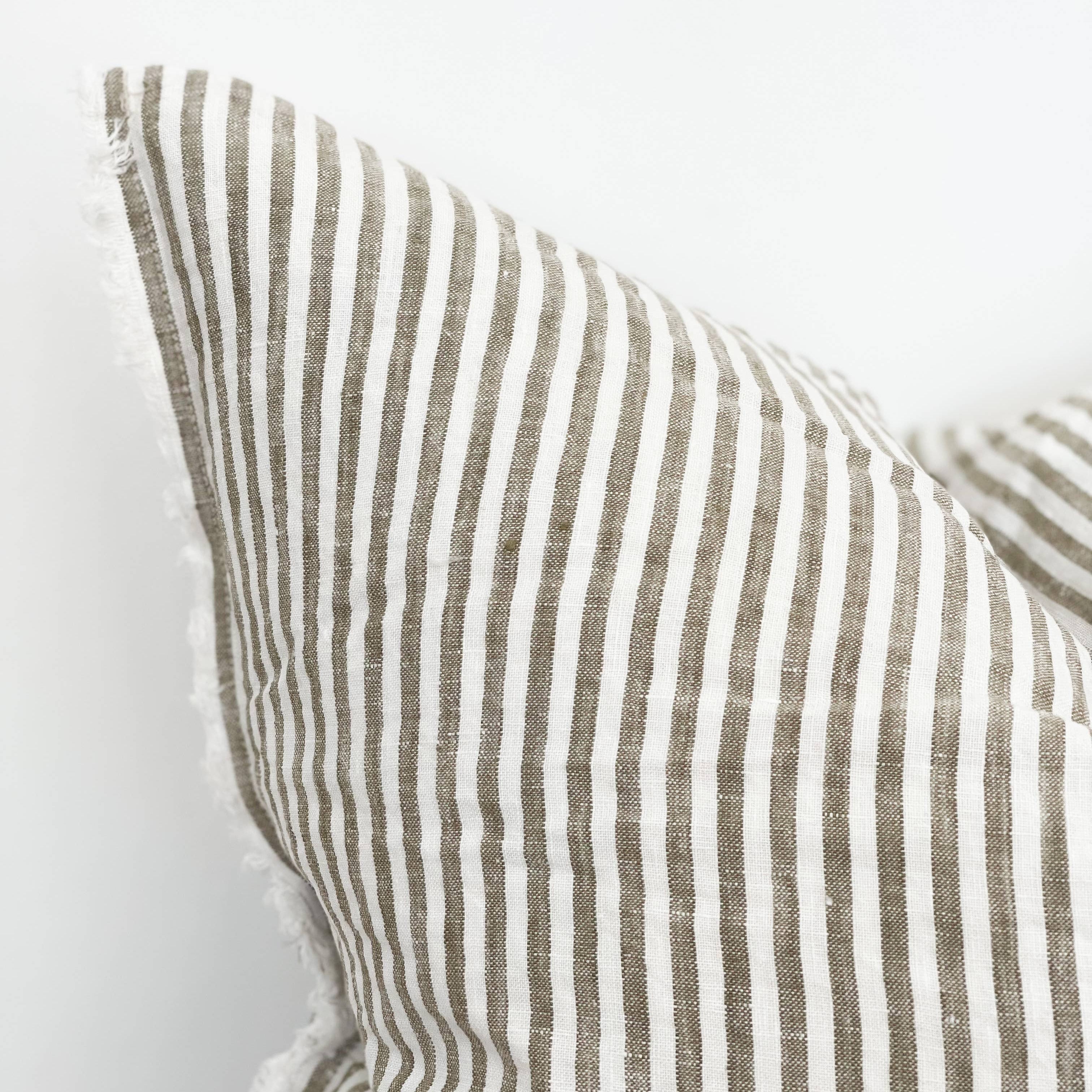 Frayed Edge Linen Cushion Cover Olive Stripe treowe