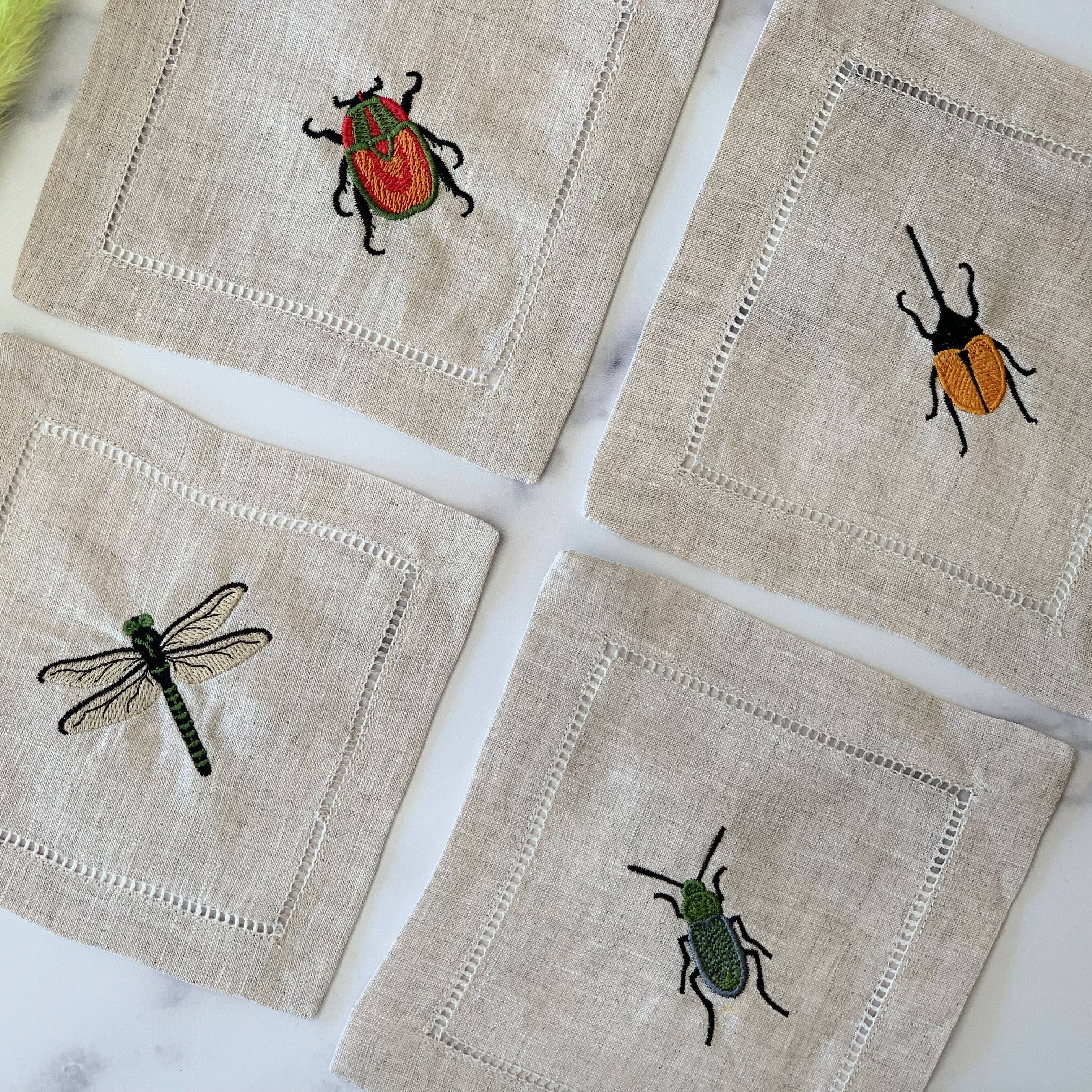 Linen Insect Embroidered Coasters, Set of Four