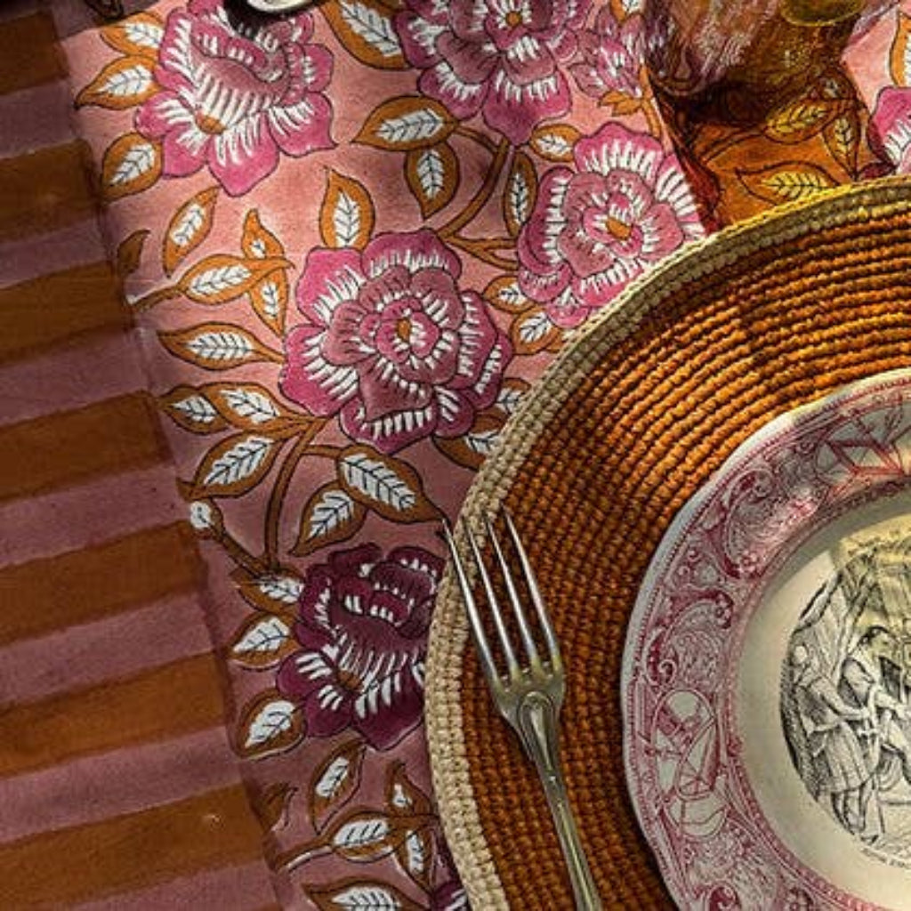 Pink & Caramel Block Print Table Cloth