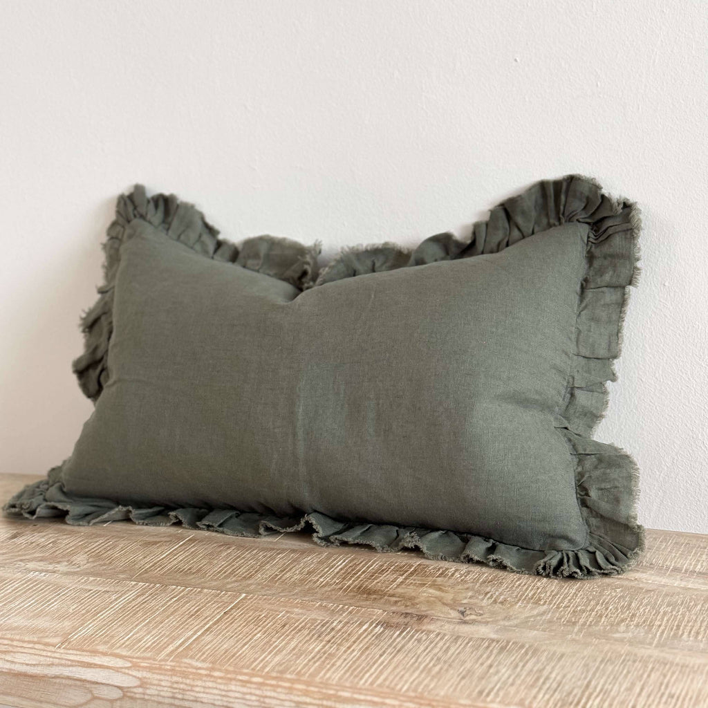 Khaki Ruffled Edge Linen Cushion Cover