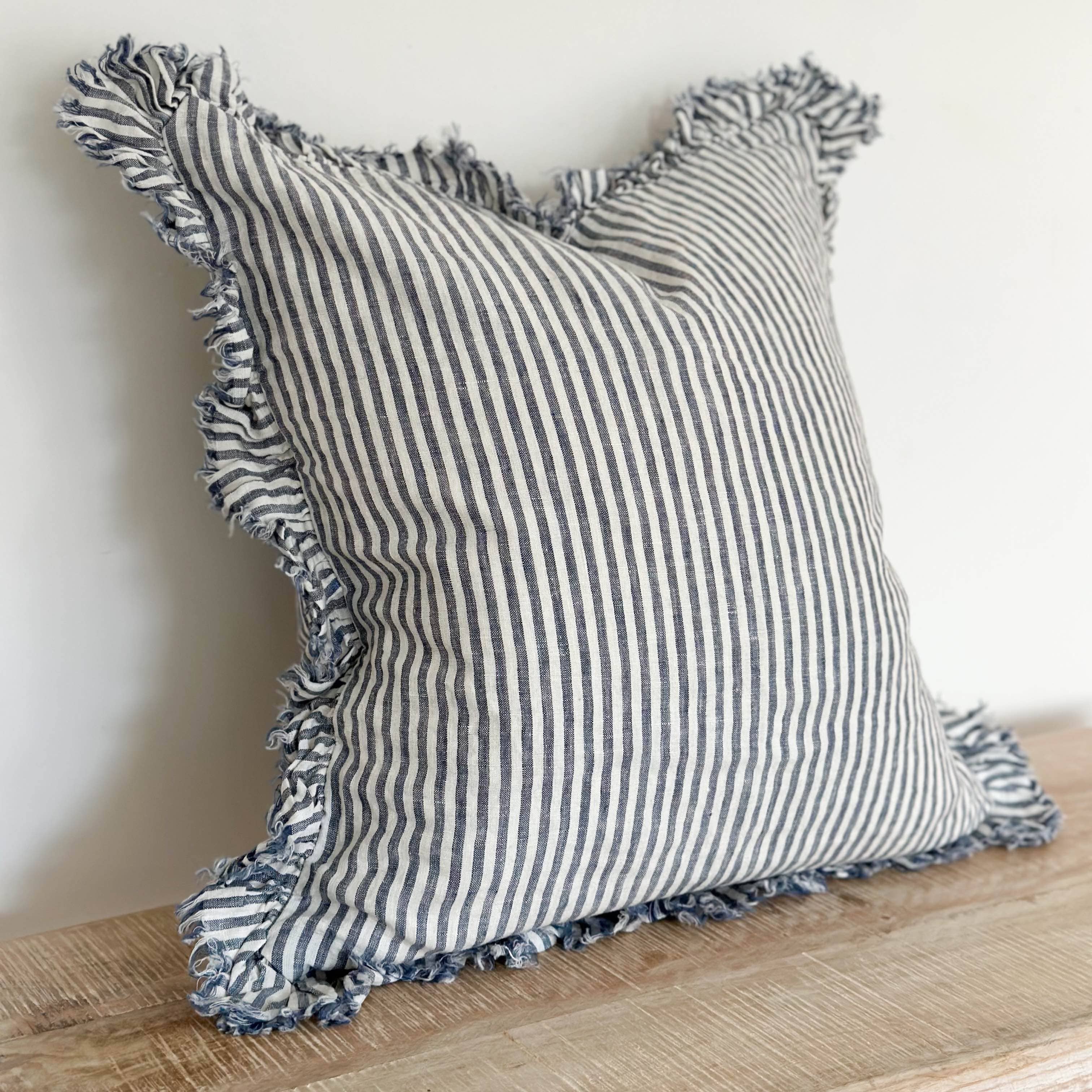 Ruffled Linen Cushion Cover – Navy Stripe