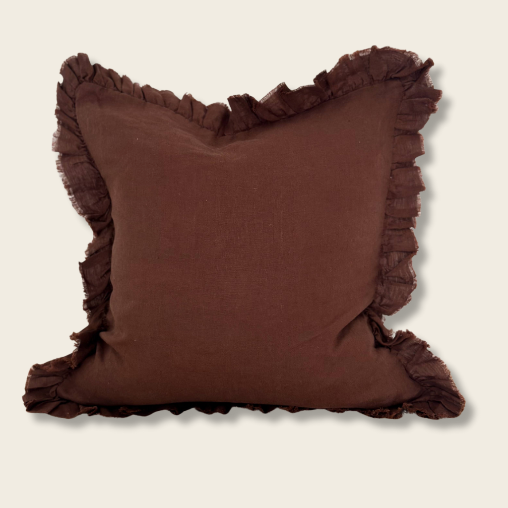 square chocolate brown cushion with ruffled edges
