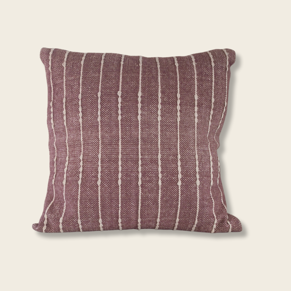 Plum and natural textured stripe square cushion