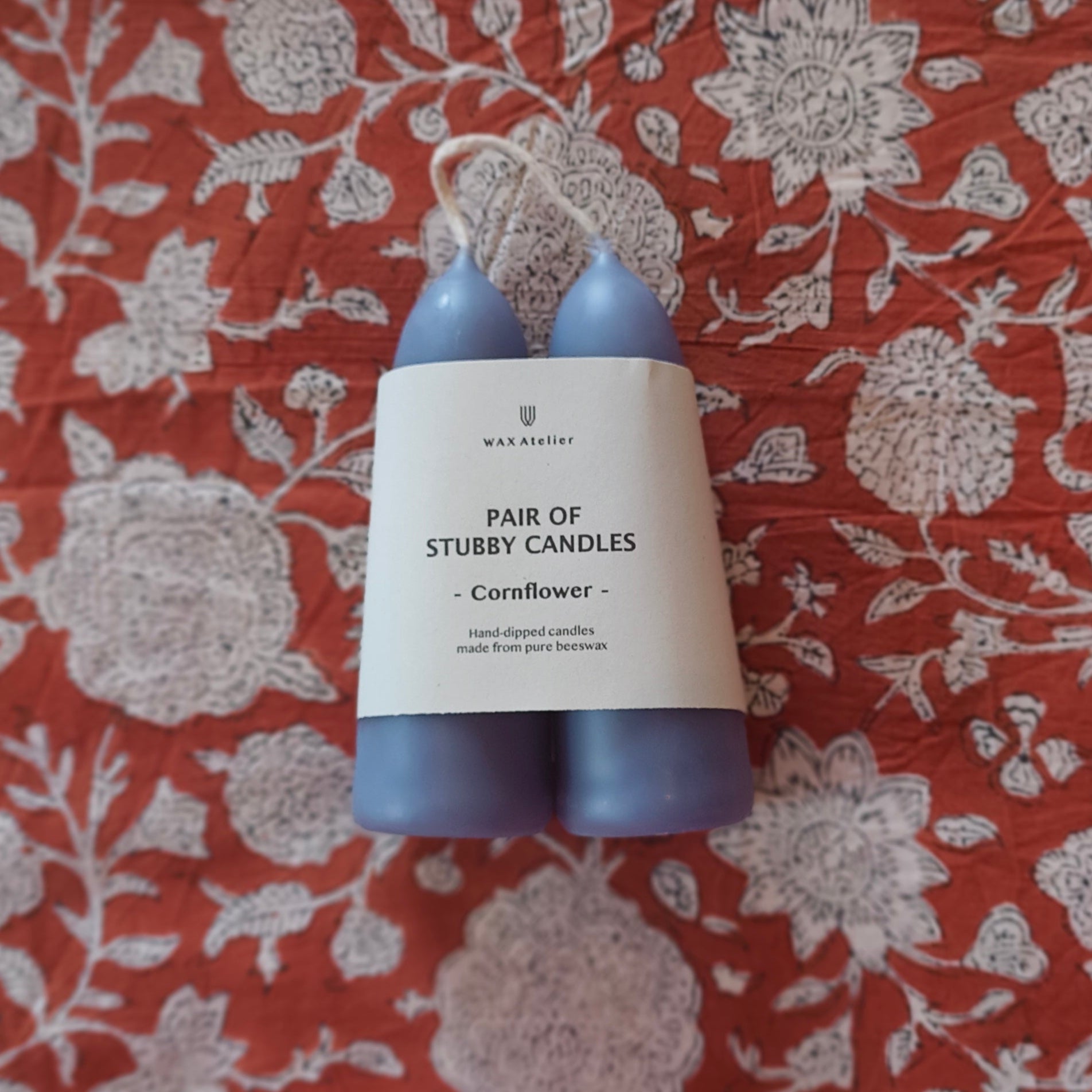 wax atelier pair of stubby candles in cornflower blue