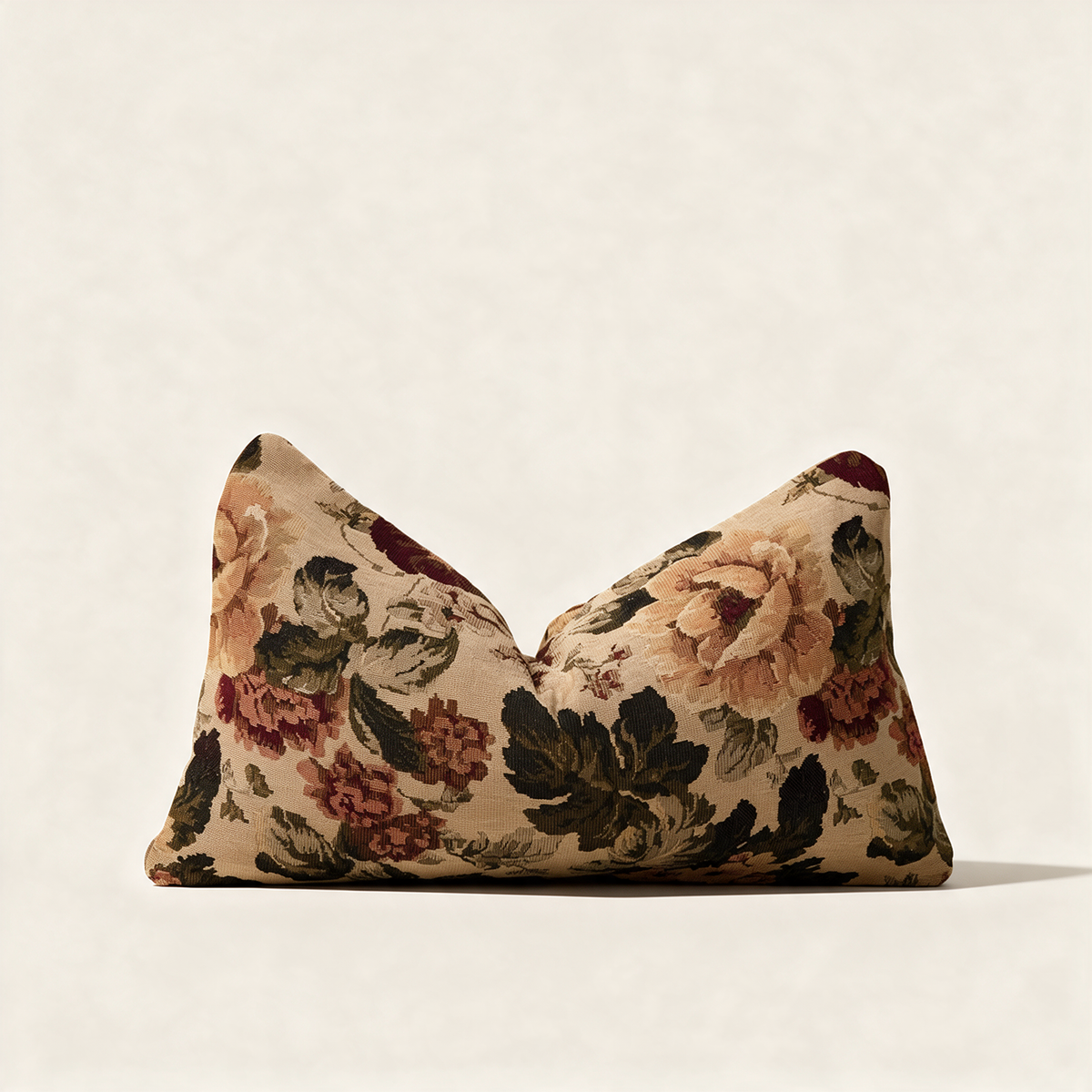 Amelie reversible tapestry lumbar cushion with botanical jacquard pattern and maroon velvet piping