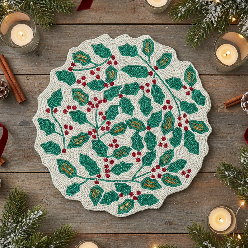 Round decorative mat with holly leaf and berry pattern on a white background