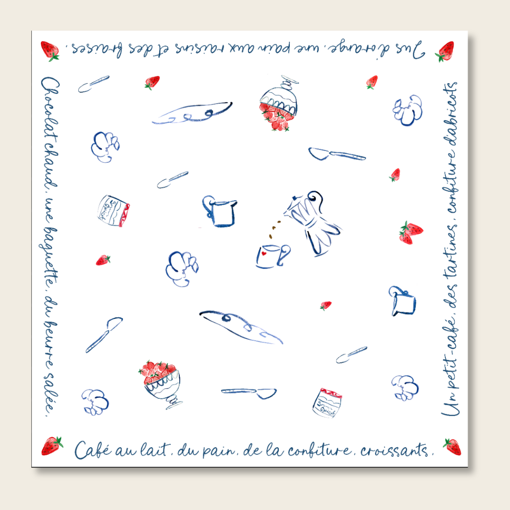 Pattern of kitchen utensils and food items with text on a white background