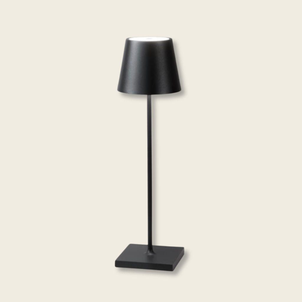 Slim metal table lamps with touch dimmer control on a beige background