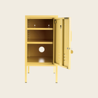 Yellow locker with open door on a beige background
