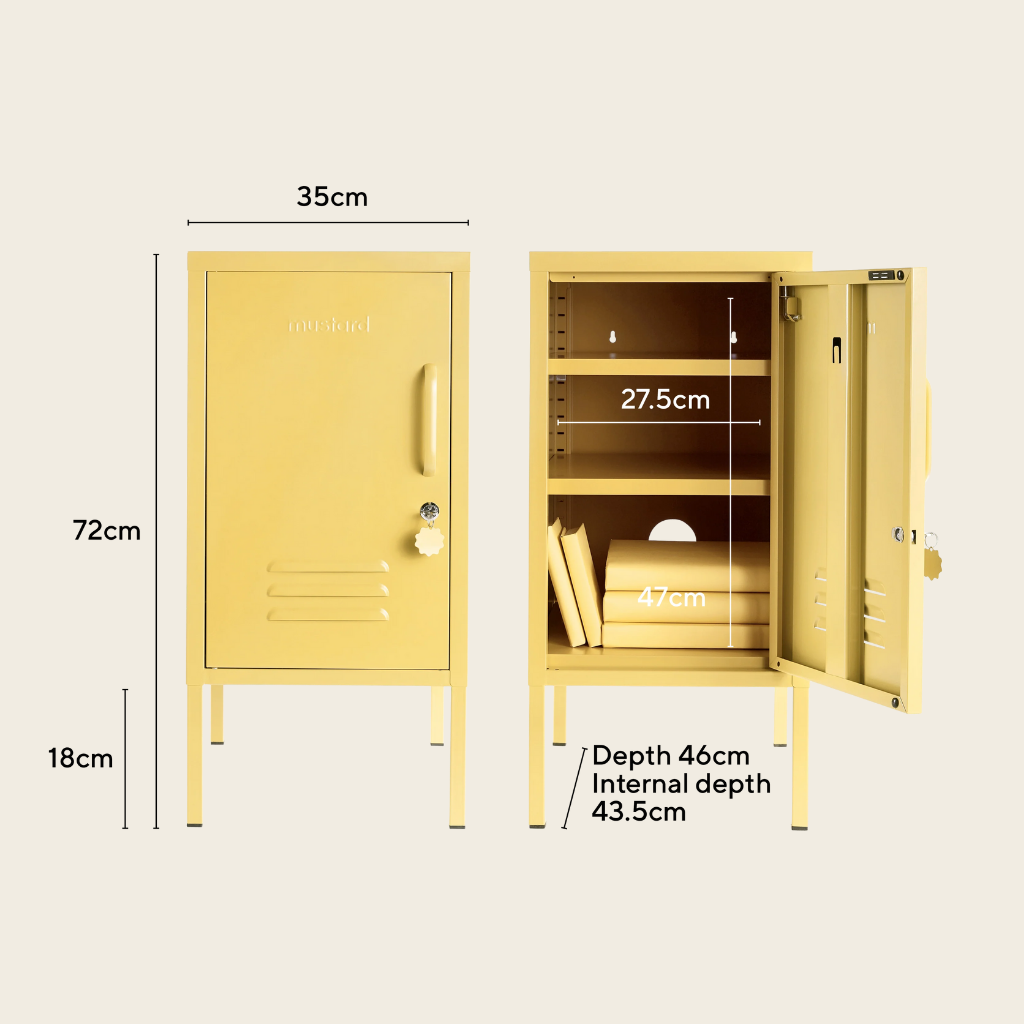 Yellow locker with dimensions labeled on a beige background