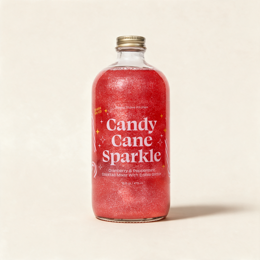 Candy Cane Sparkle cocktail and mocktail mixer bottle on a warm cream background