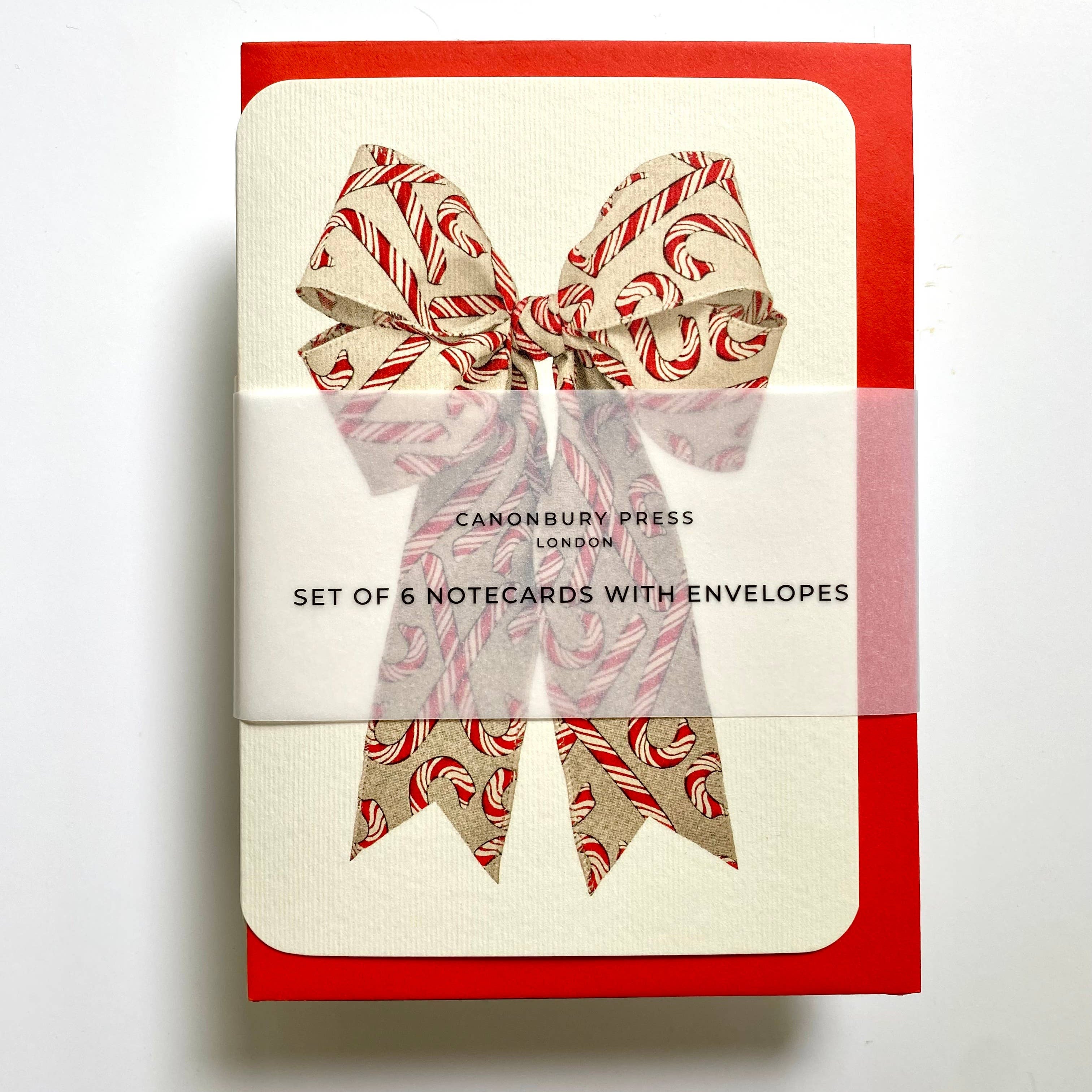 Set of 6 notecards with envelopes featuring candy cane designs on a white background.