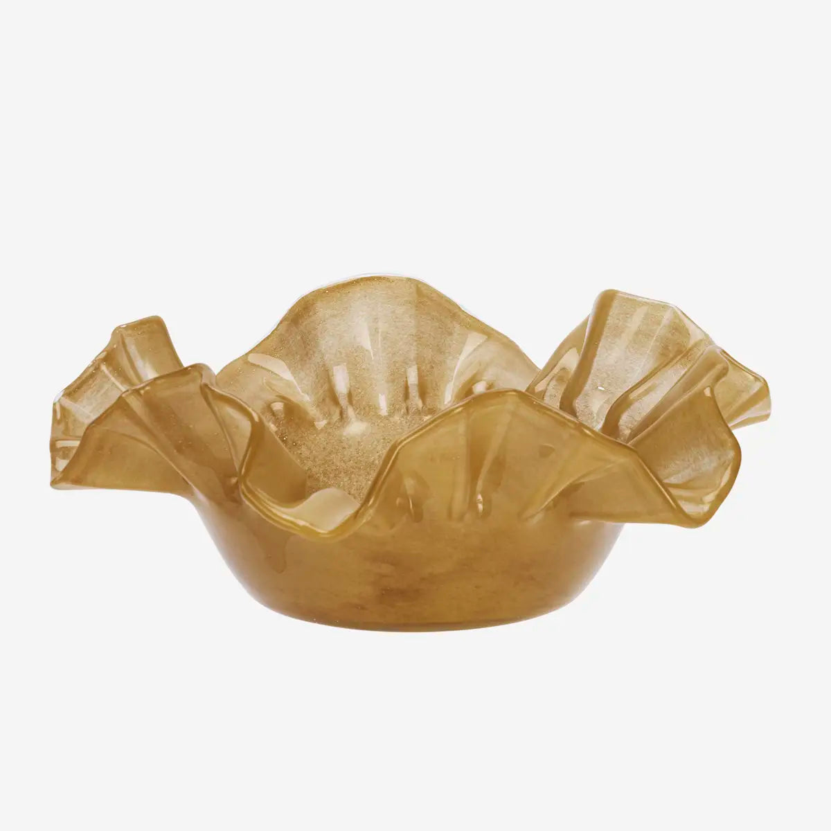 Gold ceramic bowl with ruffled edges on a white background