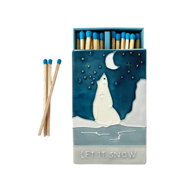 Let it Snow ceramic match box with a festive bear, hand glazed by Jo Laing