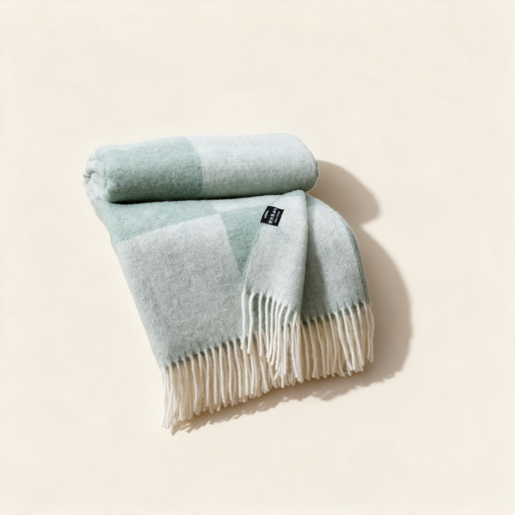 Green checkerboard pure wool blanket, folded