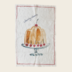 linen tea towel with cake on a stand and the text cherry, cherie 
