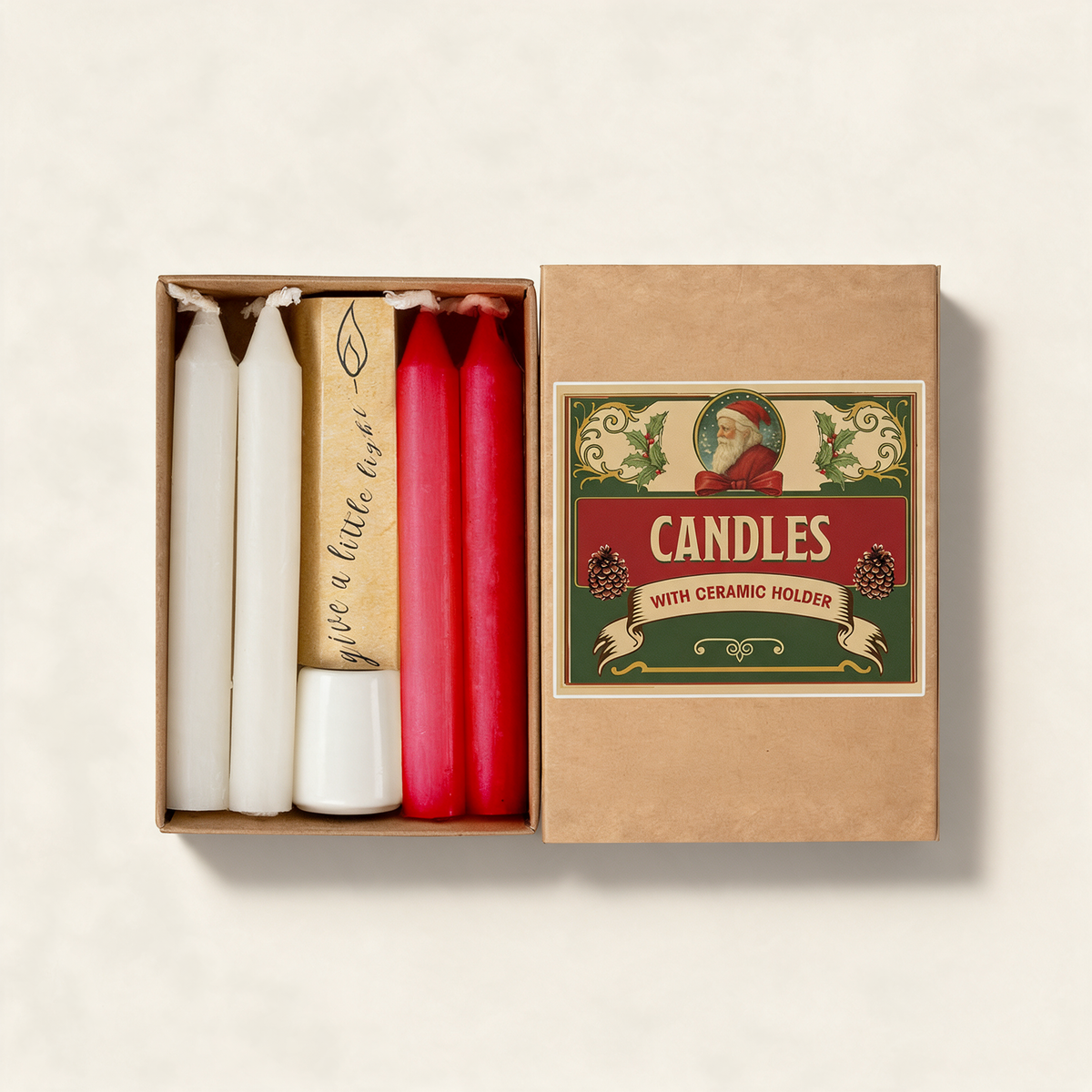 Set of eight red and white Christmas candles with a ceramic holder