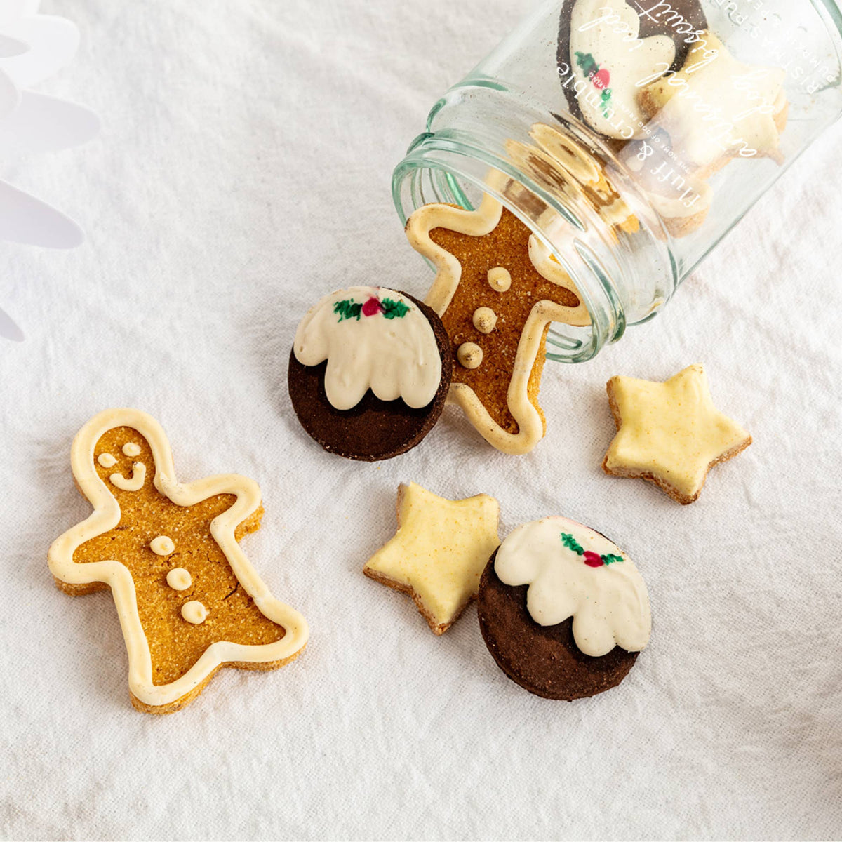 Christmas pudding dog biscuit jar with label